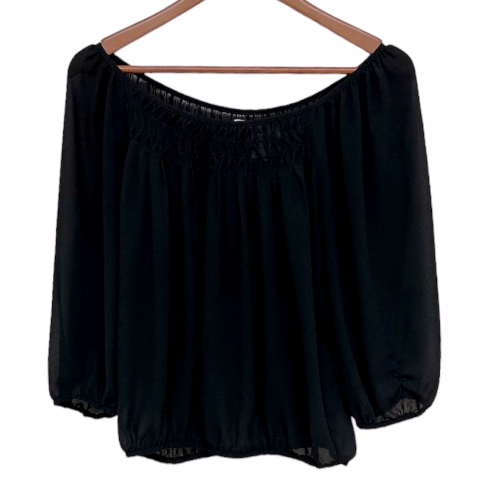 Peasant Flowy Blouse/Translucent/3/4 Sleeves Black (Size Small - Medium) EUC - Picture 1 of 12